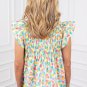 Green Shirred Yoke Ruffled Abstract Printed Blouse