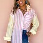 Pink Stripe Contrast Collar Long Sleeve Patchwork Shirt