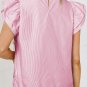 Pink Pinstripe Floral Print Ruffled Flutter Sleeve Blouse