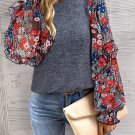 Blue Ruffle Tiered Floral Sleeve Crew Neck Blouse