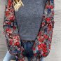 Blue Ruffle Tiered Floral Sleeve Crew Neck Blouse