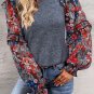Blue Ruffle Tiered Floral Sleeve Crew Neck Blouse