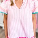 Pink Stripe Ricrac Trim Split Neck Striped Ruffled Sleeve Blouse
