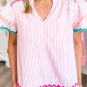 Pink Stripe Ricrac Trim Split Neck Striped Ruffled Sleeve Blouse