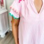Pink Stripe Ricrac Trim Split Neck Striped Ruffled Sleeve Blouse
