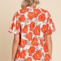 Orange Floral Bubble Sleeve Frill Neck Loose Blouse