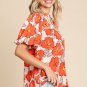 Orange Floral Bubble Sleeve Frill Neck Loose Blouse