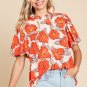 Orange Floral Bubble Sleeve Frill Neck Loose Blouse