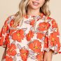 Orange Floral Bubble Sleeve Frill Neck Loose Blouse