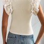 Beige Ruffle Flutter Sleeve High Neck Ribbed Blouse