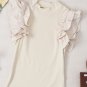 Beige Ruffle Flutter Sleeve High Neck Ribbed Blouse