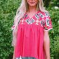 Strawberry Pink Geometric Embroidered Tassel Tie V Neck Blouse