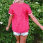 Strawberry Pink Geometric Embroidered Tassel Tie V Neck Blouse