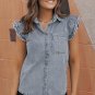 Beau Blue Frayed Ruffle Sleeve Denim Shirt