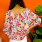 Red Floral Print Puff Sleeve Pleated Elastic Neckline Blouse