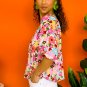Red Floral Print Puff Sleeve Pleated Elastic Neckline Blouse