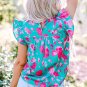 Green Floral Ruffled Flutter Sleeve Ruched Blouse