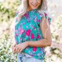 Green Floral Ruffled Flutter Sleeve Ruched Blouse