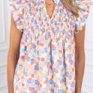 Pink Shirred Yoke Ruffled Abstract Printed Blouse