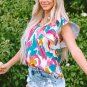 Multicolour Abstract Print Notched Neck Flutter Sleeve Blouse