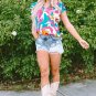 Multicolour Abstract Print Notched Neck Flutter Sleeve Blouse