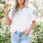 White Floral Embroidered Puff Sleeve Notched Neck Blouse