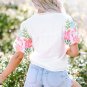 White Floral Embroidered Puff Sleeve Notched Neck Blouse