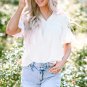 White Floral Embroidered Puff Sleeve Notched Neck Blouse