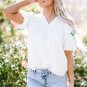 White Floral Embroidered Puff Sleeve Notched Neck Blouse