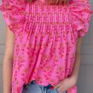 Rose Red Floral Print Pleated Ruffled Flutter Sleeve Blouse