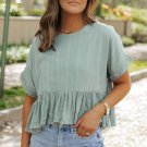 Laurel Green Textured Ruffled Hem Short Sleeve Blouse