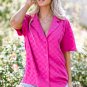 Bright Pink Lapel Neck Checkered Textured Short Sleeve Shirt