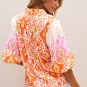 Orange Leopard Colorblock Puff Sleeve Split Neck Blouse