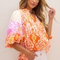 Orange Leopard Colorblock Puff Sleeve Split Neck Blouse
