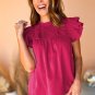 Rose Red Smocked Ruffle Sleeve Blouse