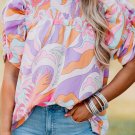 Pink Abstract Print Bubble Sleeve Smock Detail Blouse