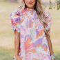 Pink Abstract Print Bubble Sleeve Smock Detail Blouse