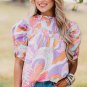 Pink Abstract Print Bubble Sleeve Smock Detail Blouse