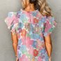 Pink Floral Ruffled Flutter Sleeve Pleated Blouse