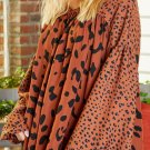 Brown Contrast Leopard Print Bubble Sleeve Blouse
