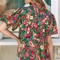 Green V Neck Short Bubble Sleeve Paisley Blouse