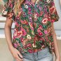Green V Neck Short Bubble Sleeve Paisley Blouse