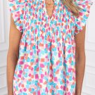 Sky Blue Shirred Yoke Ruffled Abstract Printed Blouse