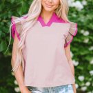 Pink Colorblock Ruffled Sleeve Frill V Neck Blouse