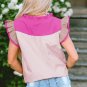 Pink Colorblock Ruffled Sleeve Frill V Neck Blouse