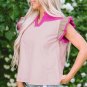 Pink Colorblock Ruffled Sleeve Frill V Neck Blouse