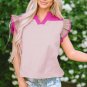 Pink Colorblock Ruffled Sleeve Frill V Neck Blouse