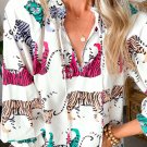 White Colorful Tiger Print Ruffled Lantern Sleeve Blouse