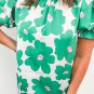 Green Floral Puff Sleeve Frill Neckline Blouse