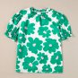 Green Floral Puff Sleeve Frill Neckline Blouse